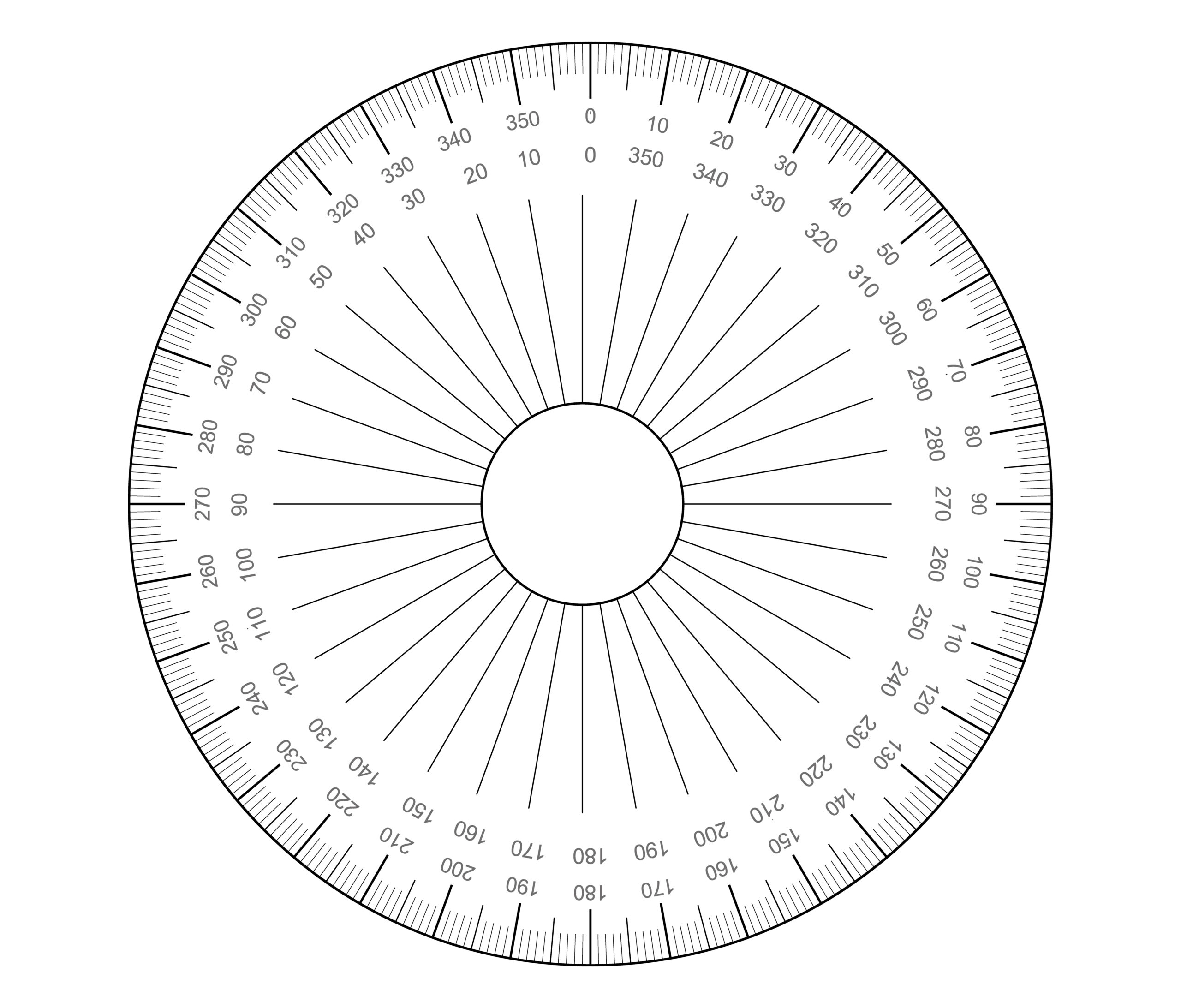 Circular protractor. Angles measuring tool. Round 360 protractors scale. Actual size graduation.