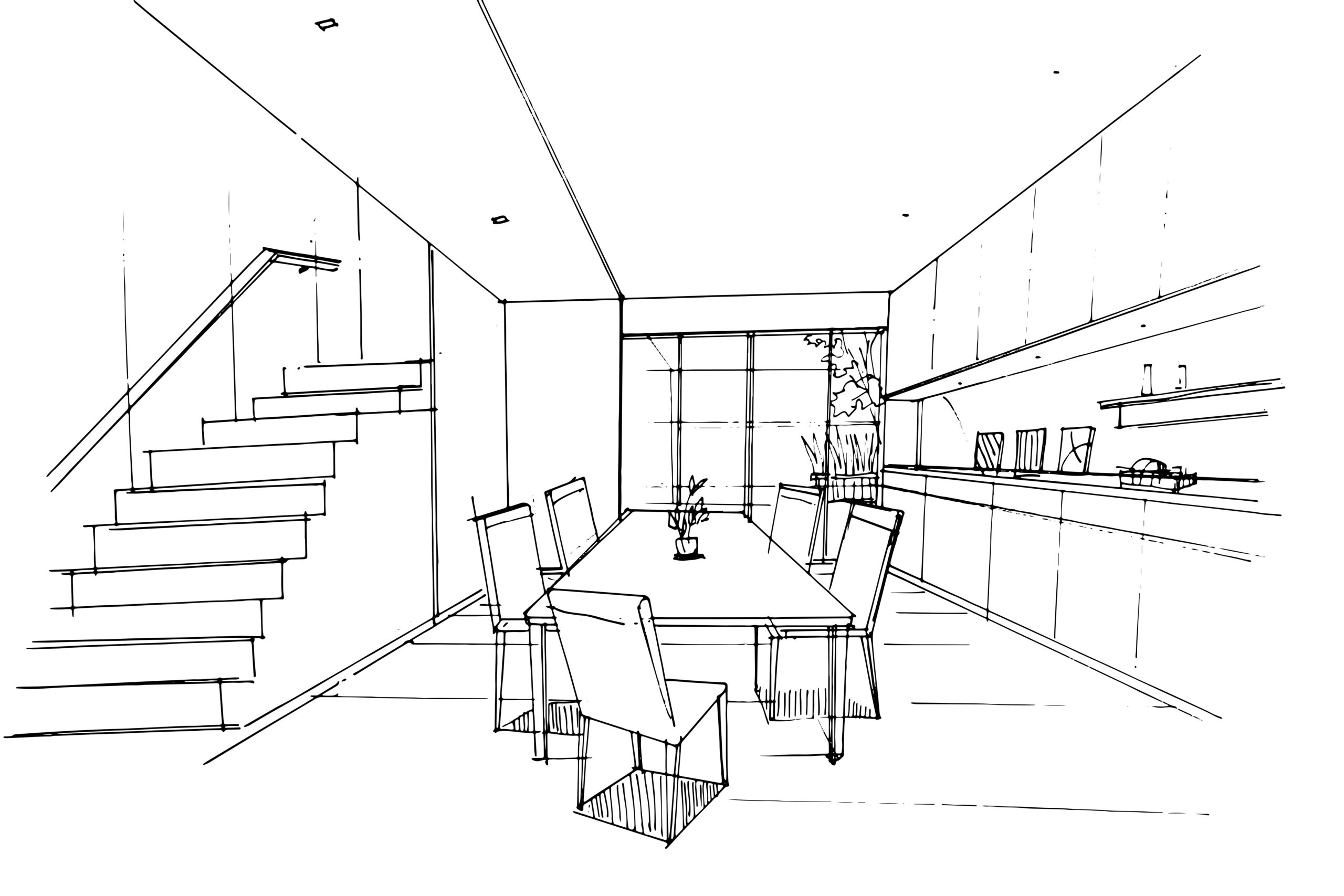 sketch drawing dining area and pantry,Modern design,vector,2d il